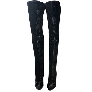 Cape Robbin, Crushed Velvet, Black, Knee High Boots: 8.5